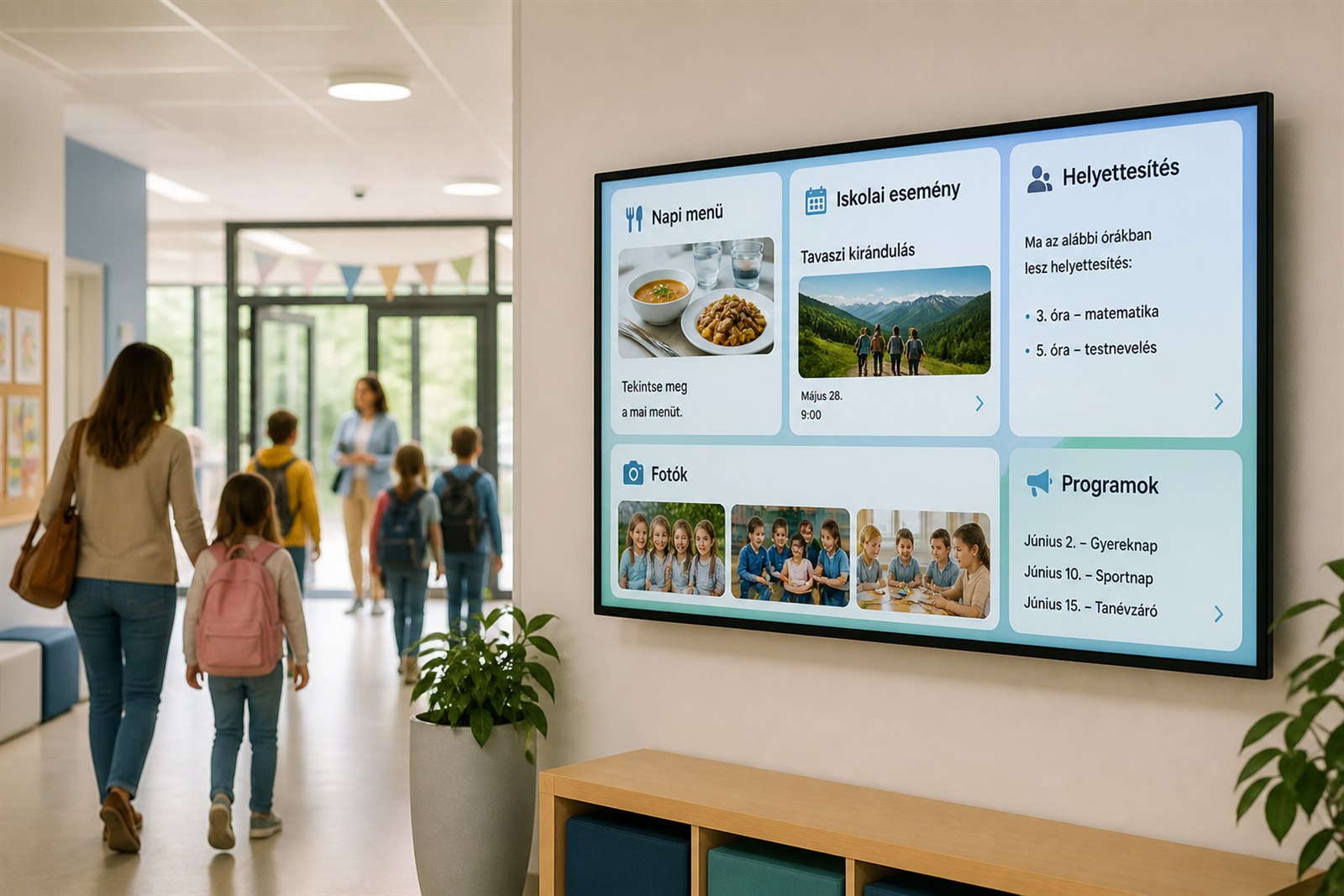 Modern iskola folyosó digitális faliújságként működő TV kijelzővel